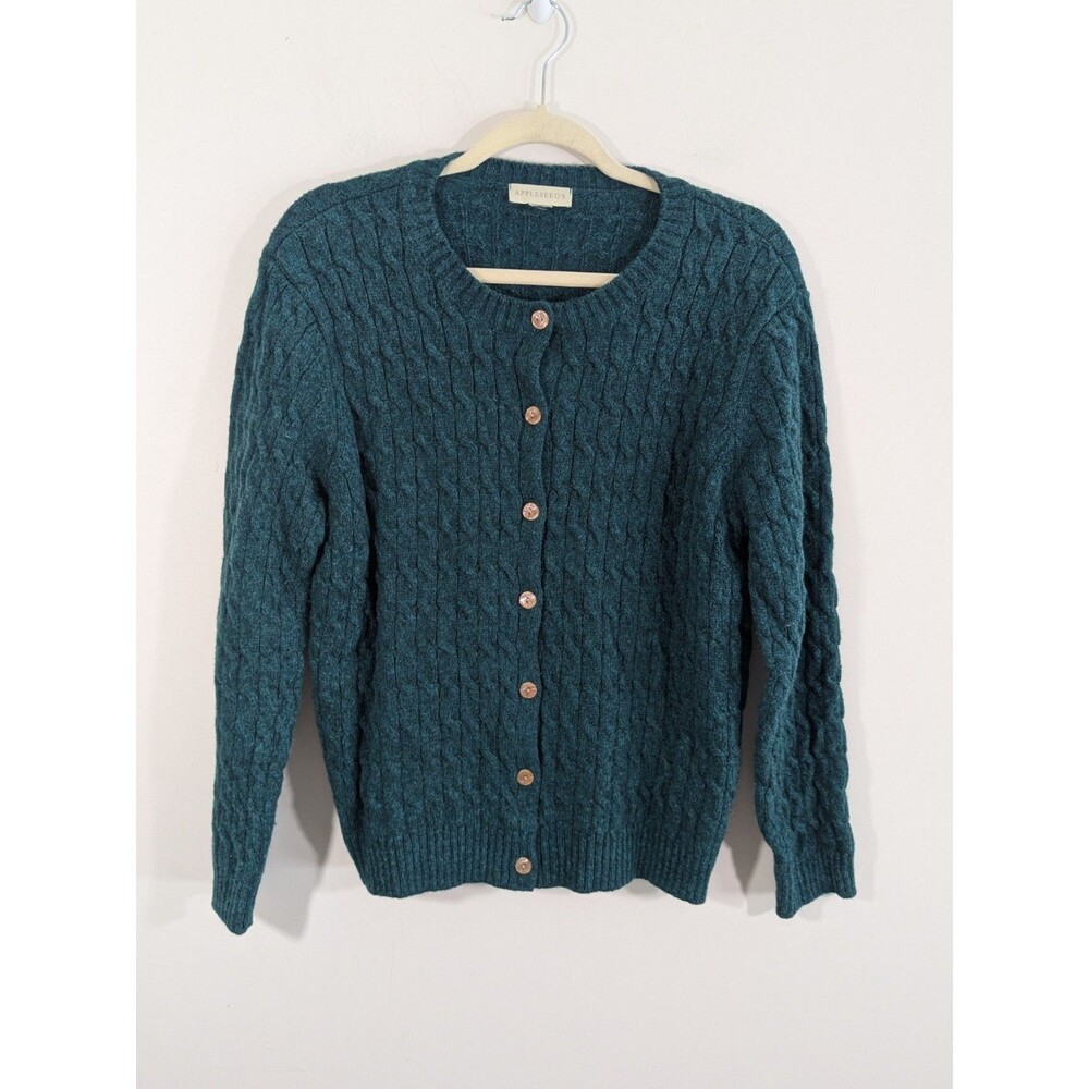 Vintage Green Cardigan Sweater Womens Large 100% Wool Cable Knit Fisherman - Picture 2 of 10